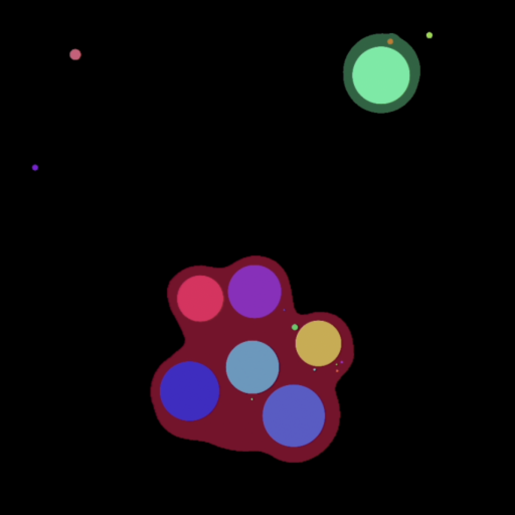 A colorful blob surrounded by smaller cells